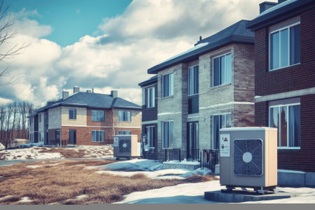 Residential buildings showcase air conditioning units with snow and grass under a cloudy sky.の写真素材
