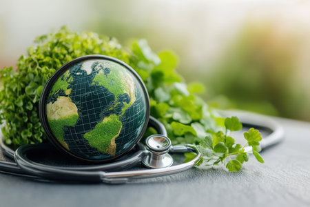 A globe depicting Earth rests among green plants with a stethoscope, highlighting health and sustainability.の写真素材