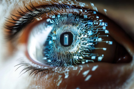 Close-up of a human eye with digital circuitry patterns representing technology and innovation trends.の写真素材