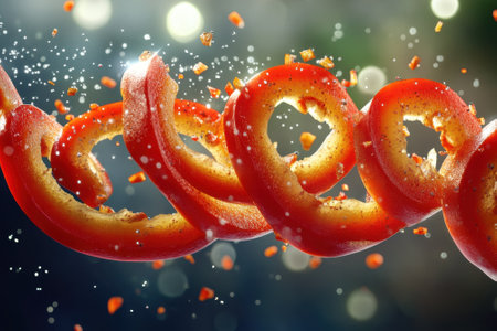 A vibrant red chili pepper is artistically twisted and appears to be floating, sprinkled with seasoning.の写真素材