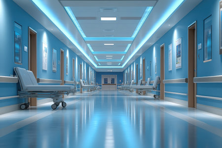 A clean hospital corridor shows empty beds in a blue-themed, well-lit area of a healthcare facility.の写真素材