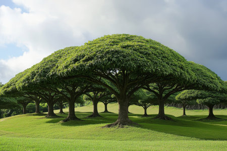 Several large, leafy trees create a beautiful green canopy on a sunny day, enhancing the park's tranquility.の写真素材