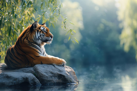 A regal tiger lies comfortably on a rock, calmly gazing over a peaceful river in the morning light.の写真素材