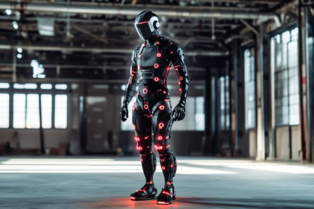 A humanoid robot with lights in an abandoned warehouse demonstrates advanced motion capture techniques.の写真素材
