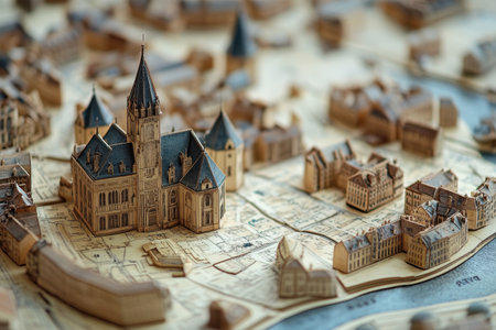 A wooden miniature of a historic town features detailed buildings and winding roads, showcasing craftsmanship.の写真素材