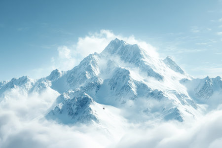 A breathtaking view of majestic mountains topped with snow, surrounded by wispy clouds and bright skies.の写真素材