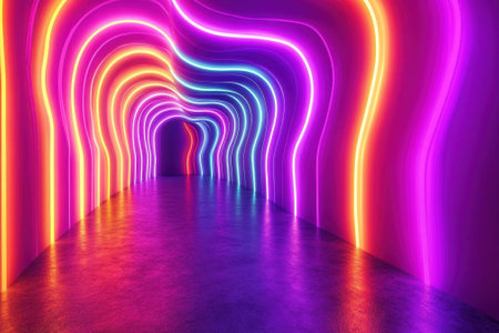 Neon lights in multiple colors line the walls of a curving tunnel, producing a captivating atmosphere.の写真素材