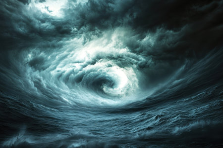 Powerful waves crash under an ominous sky filled with swirling dark clouds during twilight.の素材