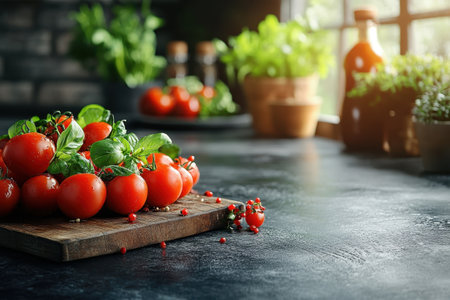 A wooden cutting board showcases vibrant cherry tomatoes garnished with fresh basil in a sunny kitchen.の写真素材
