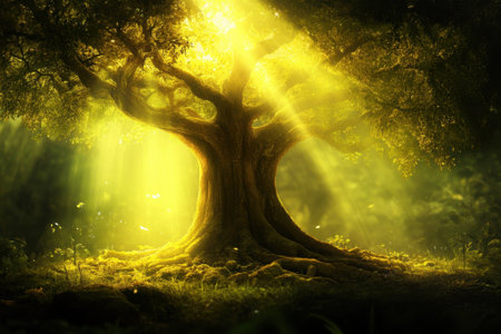 Sunlight streams through leaves of a large tree, creating a magical glow in a serene forest atmosphere.の写真素材