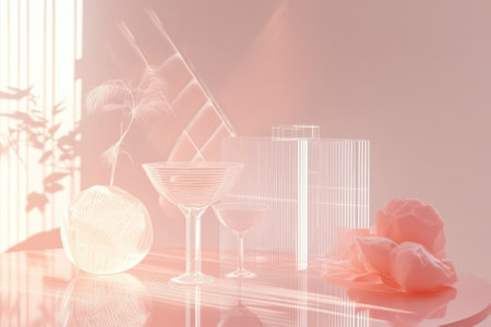 Soft pink lighting accentuates glass vases and delicate flowers on a wooden table in a serene setting.の写真素材