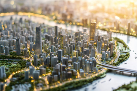 A bustling cityscape showcases towering skyscrapers glowing in the evening light, with a winding river.の写真素材