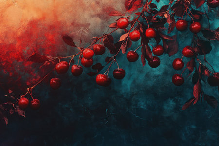 A branch of ripe red cherries hangs gracefully, set against a rich blue and orange textured backdrop.の写真素材