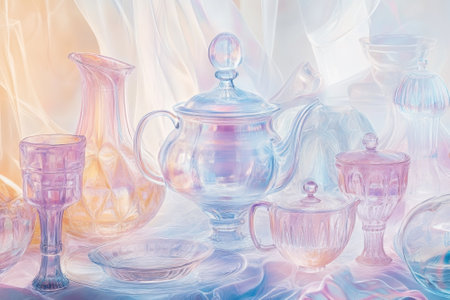 A collection of translucent glassware in varying shapes and colors is elegantly arranged, creating a serene ambiance.の写真素材