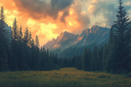 Sun sets behind rugged mountains, casting warm light over a valley filled with pine trees and wildflowers.の写真素材