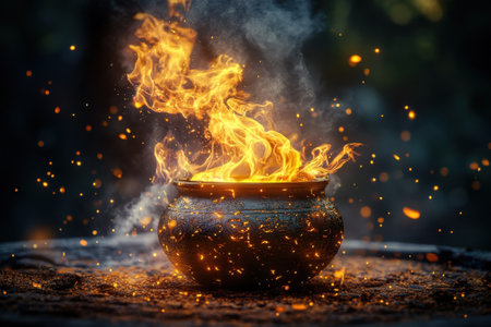 Vivid flames rise from a pot filled with glowing embers, creating an enchanting atmosphere in the darkness.の写真素材