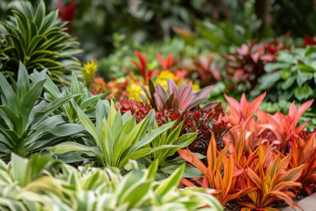 Colorful tropical plants showcase their vibrant hues in a lush garden, illuminated by bright midday sunlight.の写真素材