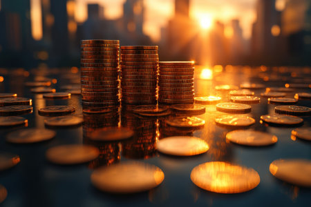 Golden stacks of coins shine brightly as the sun sets over the urban skyline.の写真素材