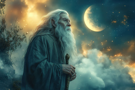 An old man with long white hair and a robe gazes at the sky, staff in hand, among ethereal clouds.の写真素材
