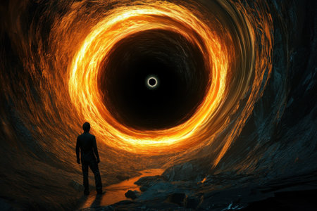 A person gazes into a massive swirling vortex emitting fire and shadow, creating a striking contrast in the landscape.の写真素材