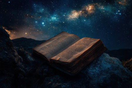 An open ancient book lies on rugged rocks, illuminated by a vast starry night with distant mountains in the background.の写真素材