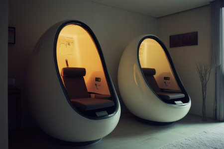 Two sleek relaxation pods provide a calming space for mindfulness and rest, bathed in warm ambient light.の写真素材
