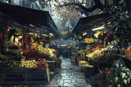 Colorful stalls filled with fresh fruits and vegetables line the cobblestone path as autumn leaves fall gently.の写真素材