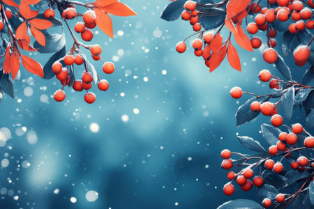 Red berries with green leaves create a stunning contrast in a serene snowy landscape during winter.の写真素材