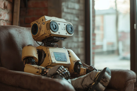A small robot, with vintage design, relaxes in a cozy chair, surrounded by warm light and brick walls.の写真素材