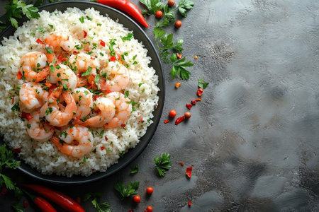Juicy shrimp are artfully arranged atop a bed of fluffy rice, garnished with fresh herbs and spices.の写真素材