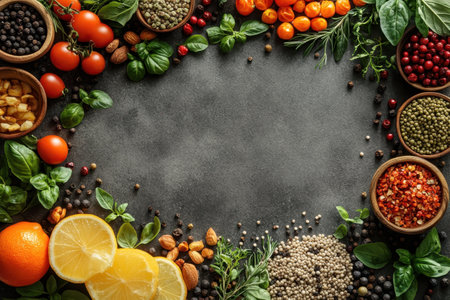 A colorful display of herbs, spices, and fruits is beautifully arranged on a dark kitchen countertop.の写真素材