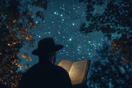 A person holds an open book, gazing at a dazzling night sky, surrounded by silhouettes of trees.の写真素材