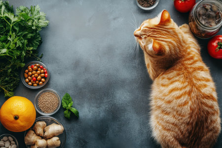 An orange tabby cat lounges next to tomatoes, spices, and herbs on a kitchen counter.の写真素材
