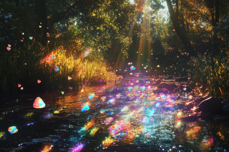 Sunlight filters through trees, casting colorful reflections on a serene river, creating a magical atmosphere.の写真素材