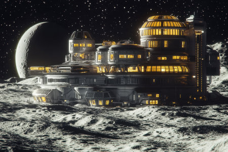 A futuristic colony is prominently placed on the moon, showing bright lights and a visible moon in the background.の写真素材