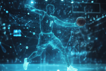 A basketball player dribbles energetically in a futuristic, digital visual environment filled with glowing effects.の写真素材