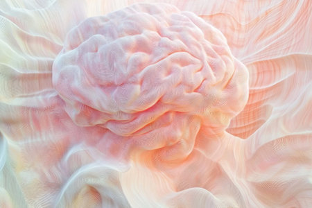 A detailed brain structure emerges from a fluid pastel landscape, creating a dreamlike atmosphere.の写真素材