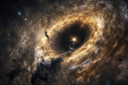 A brilliant golden vortex forms in the endless expanse of space, adjacent to swirling cosmic clouds and glowing stars.の写真素材