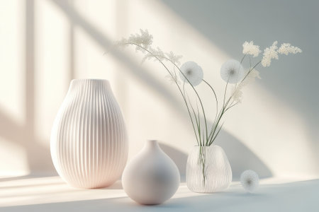 White ceramic vases hold airy flowers in bright sunlight, creating a serene and minimalist aesthetic.の写真素材