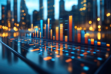 A glowing digital dashboard displays bar charts against a blurred city skyline at twilight.の写真素材