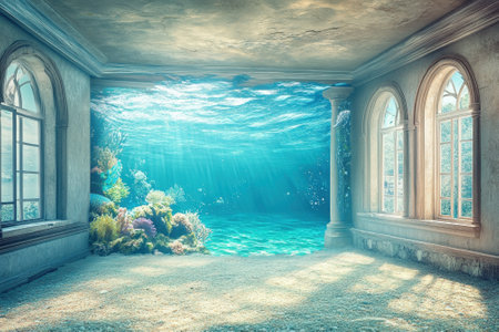 A unique room submerged underwater showcases vibrant coral and sunlight filtering through the surface.の写真素材