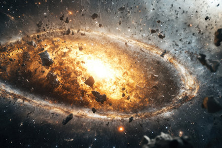 Bright explosion in a galaxy illuminates space, while asteroids and dust swirl around the light source.の写真素材