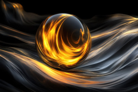 A dark sphere radiates golden light, surrounded by flowing textures that create a dynamic composition.の写真素材