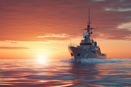A warship navigates smoothly across tranquil waters during a stunning sunset, enhancing the horizon's beauty.の写真素材