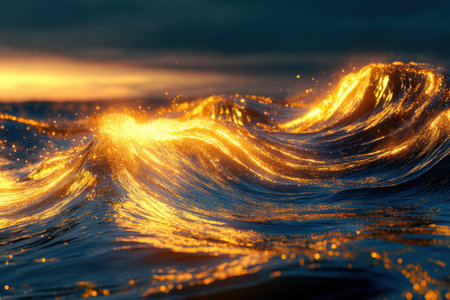 Golden waves crest gracefully under a vibrant sunset, reflecting soft light across the tranquil ocean surface.の写真素材