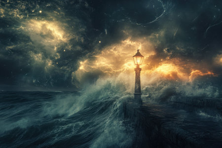 A powerful storm stirs the ocean, with waves crashing against a stone pier under a strikingly lit sky.の写真素材