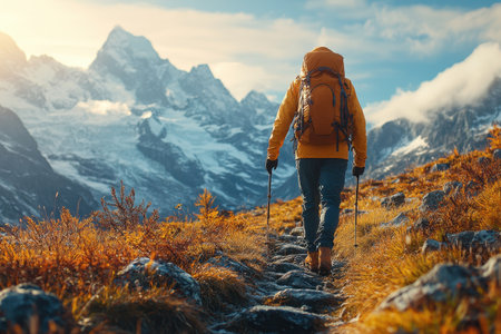A hiker walks on a rocky path, surrounded by stunning mountains, under a colorful sunset sky.の写真素材