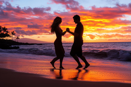 A couple dances hand in hand along the shore as vibrant sunset colors fill the sky and reflect off the water.の写真素材