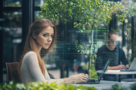 A woman focuses on her laptop amidst lush plants while a person works nearby in a cafe.の写真素材