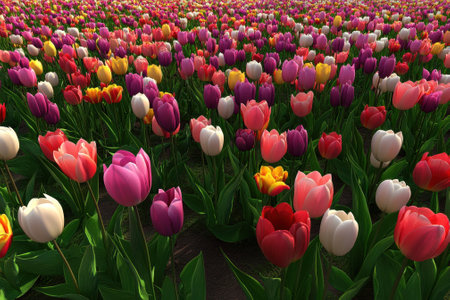 A colorful display of tulips in various shades fills the field under bright spring sunlight.の写真素材